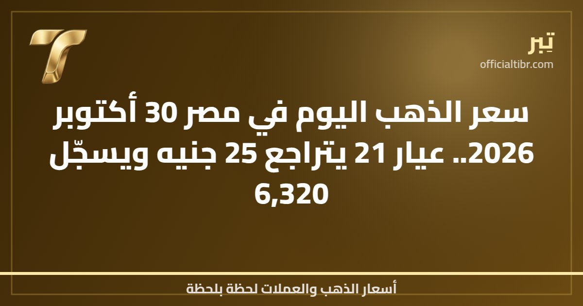 سعر الذهب اليوم في مصر 30 أكتوبر 2026.. عيار 21 يتراجع 25 جنيه ويسجّل 6,320