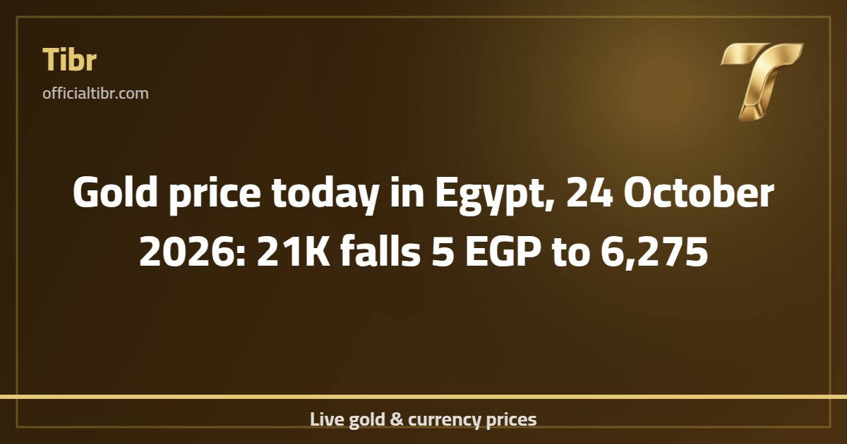 Gold price today in Egypt, 24 October 2026: 21K falls 5 EGP to 6,275